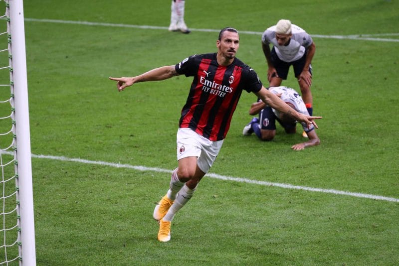 Italian Serie A. Zlatan Ibrahimovic of Ac Milan celebrate after scoring a goal during the Serie A match between Ac Milan and Bologna Fc.