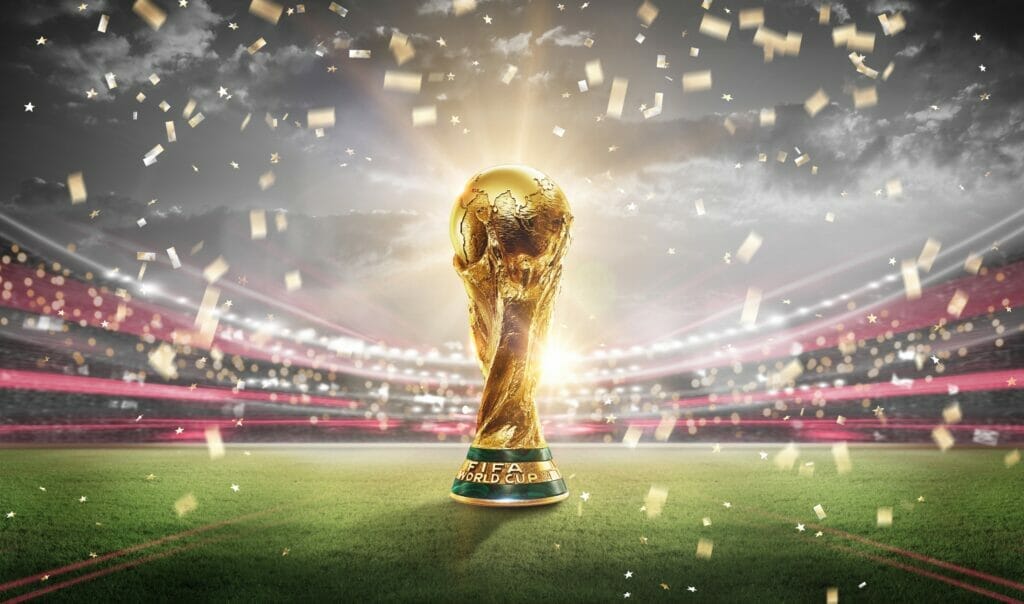 celebration winning trophy with stadium