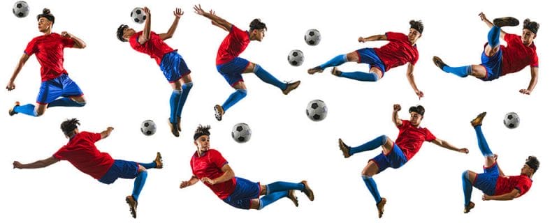 Collage of movements of young man, professional male soccer, football player in motion, training isolated over white background. Concept of action, team sport game, energy, vitality. Copy space for ad