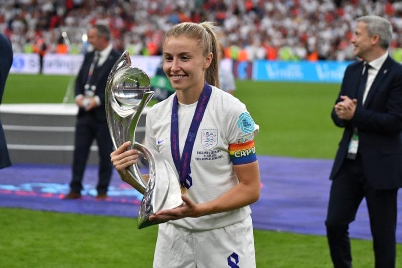 Wembley Stadium, London, England - 31 July 2022: Leah Williamson holding the Women's European Championship Trophy after winning with England