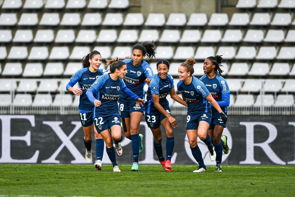 Women's Team Paris FC celebrates a goal during the Women's French championship, D1 Arkema soccer match between Paris FC and Olympique Lyonnais (OL) on December 12, 2022 in Paris, France.