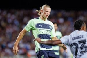 BARCELONA - AUG 24: Haaland in action during the friendly match between FC Barcelona and Manchester City at the Spotify Camp Nou Stadium on August 24, 2022 in Barcelona, Spain.