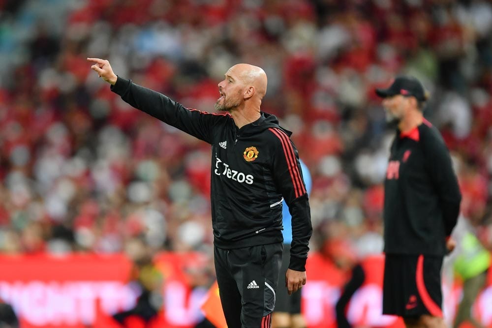 BANGKOK THAILAND JULY 12-2022:Manchester United's head coach Erik ten Hag during the Bangkok Century Cup match between Manchester United against Liverpool at Rajamangala national stadium.