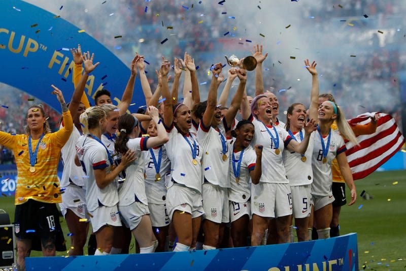 Team of United States celebrate their victory during the FIFA Women's World Cup France 2019 Final football match USA vs Netherlands on 7 July 2019 Groupama Stadium Lyon France