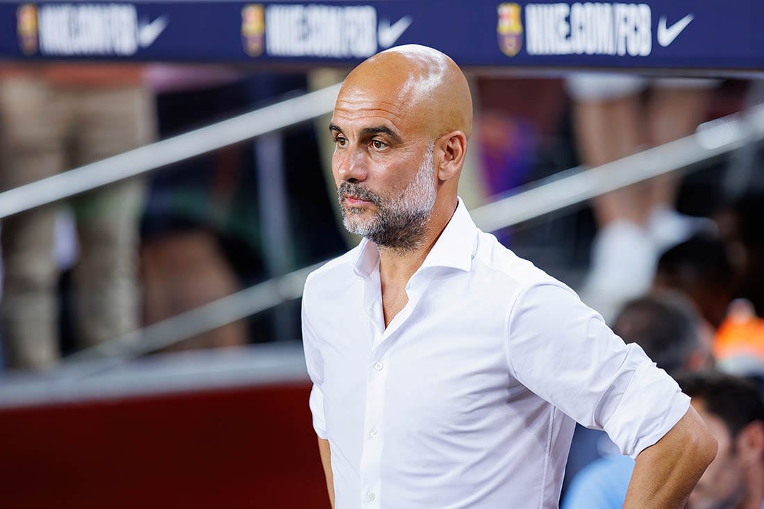 BARCELONA - AUG 24: Josep Pep Guardiola in action during the friendly match between FC Barcelona and Manchester City at the Spotify Camp Nou Stadium on August 24, 2022 in Barcelona, Spain.