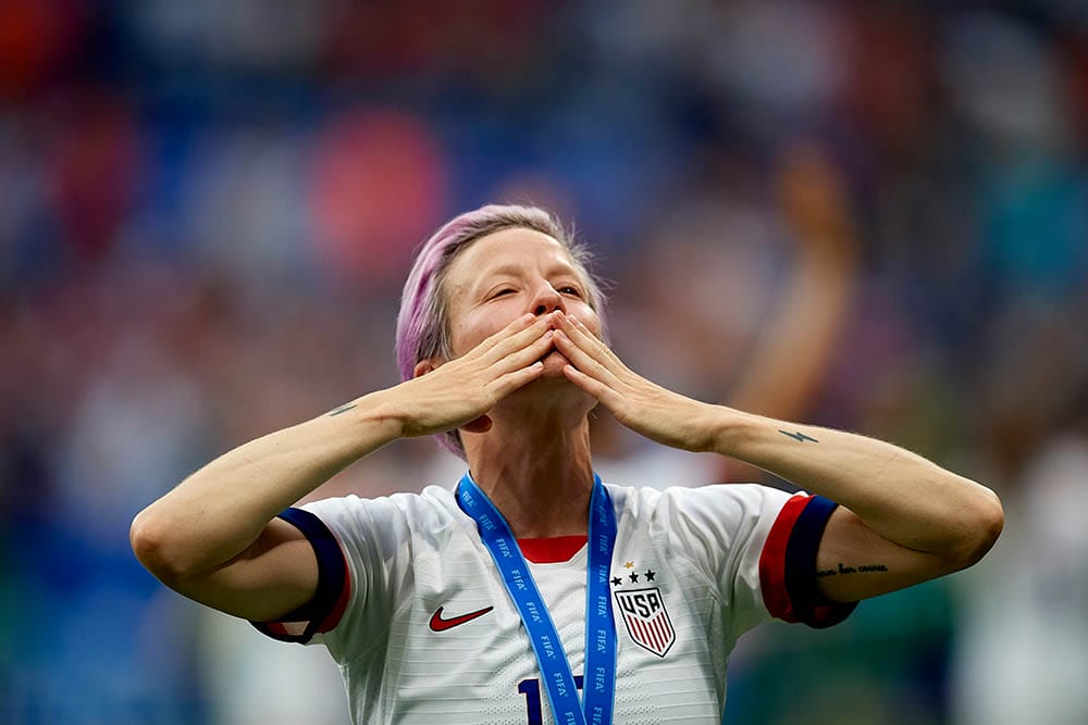 Megan Rapinoe celebrates after winning the 2019 FIFA Women's World Cup France Final match between USA and The Netherlands at Stade de Lyon on July 7, 2019 in Lyon, France.