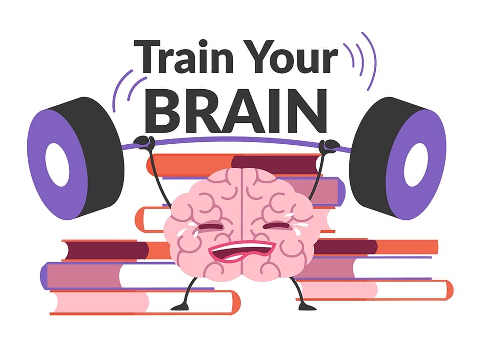 Obtaining knowledge and training your brain, education and feeding thoughts, Reading books and learning new skills, improvement and self development. Mind character working out. Vector in flat style