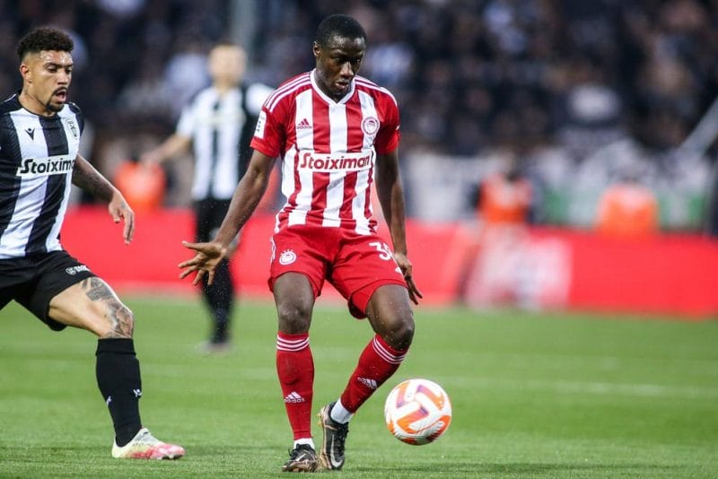 Olympiacos's player Diadie Samassekou (Center) in action during a Greek Superleague soccer game between PAOK FC and Olympiacos FC.