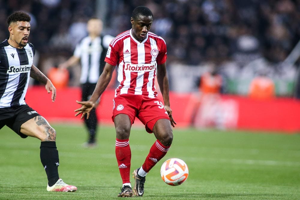 Olympiacos's player Diadie Samassekou (Center) in action during a Greek Superleague soccer game between PAOK FC and Olympiacos FC.