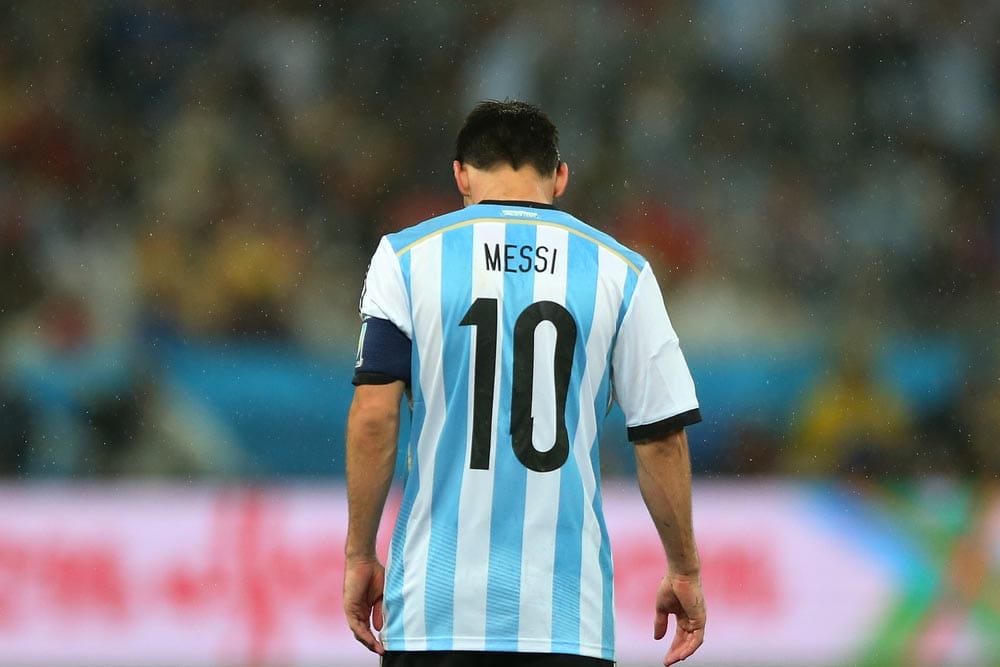 Lionel Messi during the 2014 World Cup Semi-finals game between the Netherlands and Argentina at Arena Corinthians. NO USE IN BRAZIL.