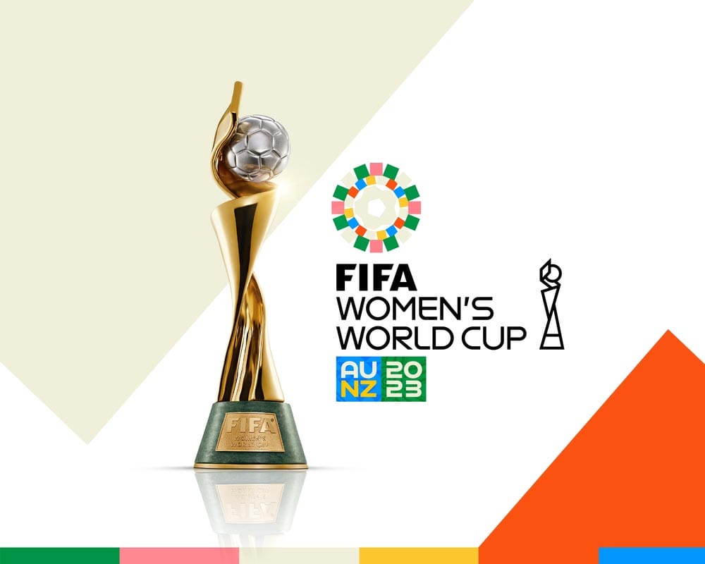 FIFA Womenâ€™s World Cup 2023 trophy with logo isolated background , women football 3d rendering illustration.