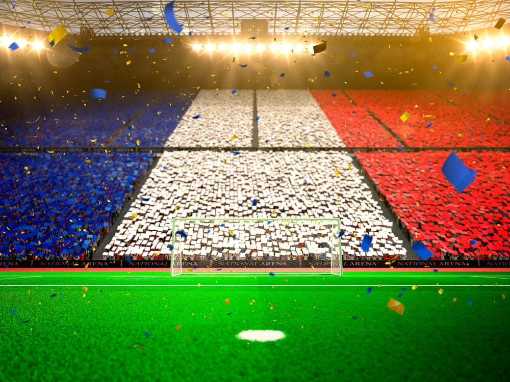 Flag France of fans! Evening stadium arena soccer field championship win! Confetti and tinsel