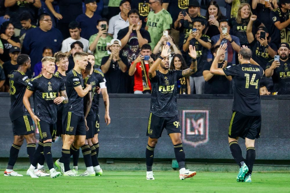 Los Angeles FC's Denis Bouanga (2nd R) celebrates a goal Los Angeles FC's Giorgio Chiellini (R) in a Leagues Cup soccer match between the Real Salt Lake and the LAFC, Aug. 8, 2023, in Los Angeles.