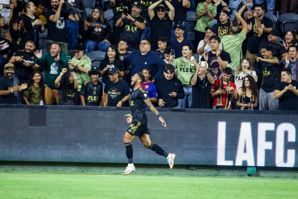 Los Angeles FC's Denis Bouanga celebrates a goal during a Leagues Cup soccer match between the Real Salt Lake and the Los Angeles FC, Aug. 8, 2023, in Los Angeles.
