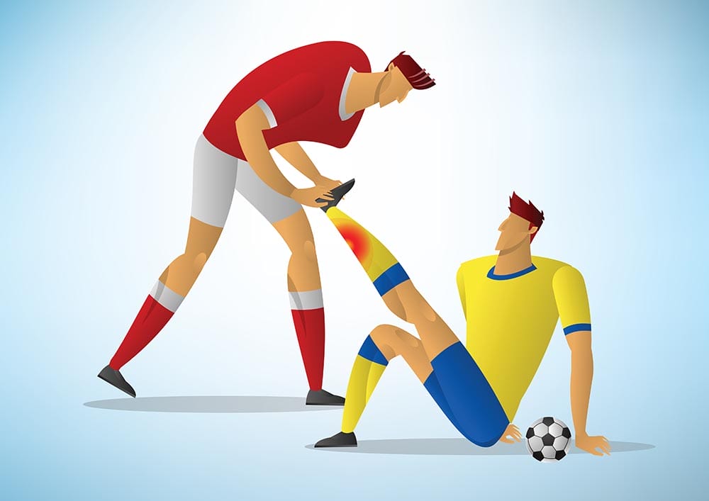 Two men football player First Aid From the initial injury. soccer cramps vector illustration.