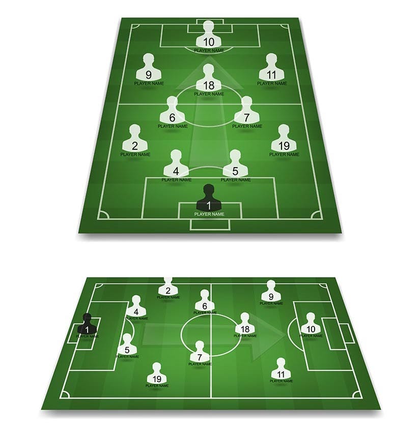 Soccer game player tactics plan on green field. Planning position for coach. Vector illustration.