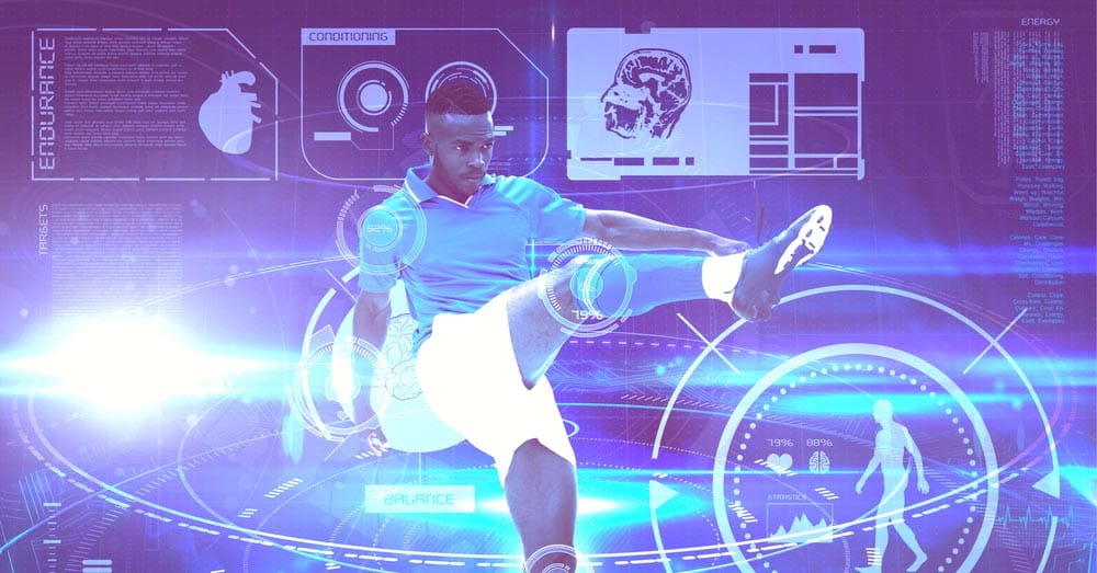 Digital interface with medical data processing against male soccer player kicking the ball. computer interface and medical science research technology concept