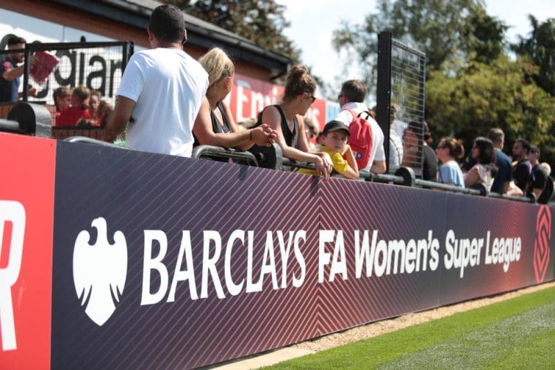 BOREHAMWOOD / UNITED KINGDOM - SUNDAY 25 AUGUST 2019: Barclays FA Women's Super League signage seen at the Arsenal Women v Tottenham Hotspur Women friendly match at Meadow Park.