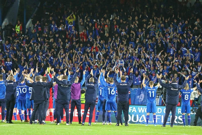Players of Iceland National football team thank fans after FIFA World Cup 2018 qualifying game against Ukraine at Laugardalsvollur stadium in Reykjavik,Iceland