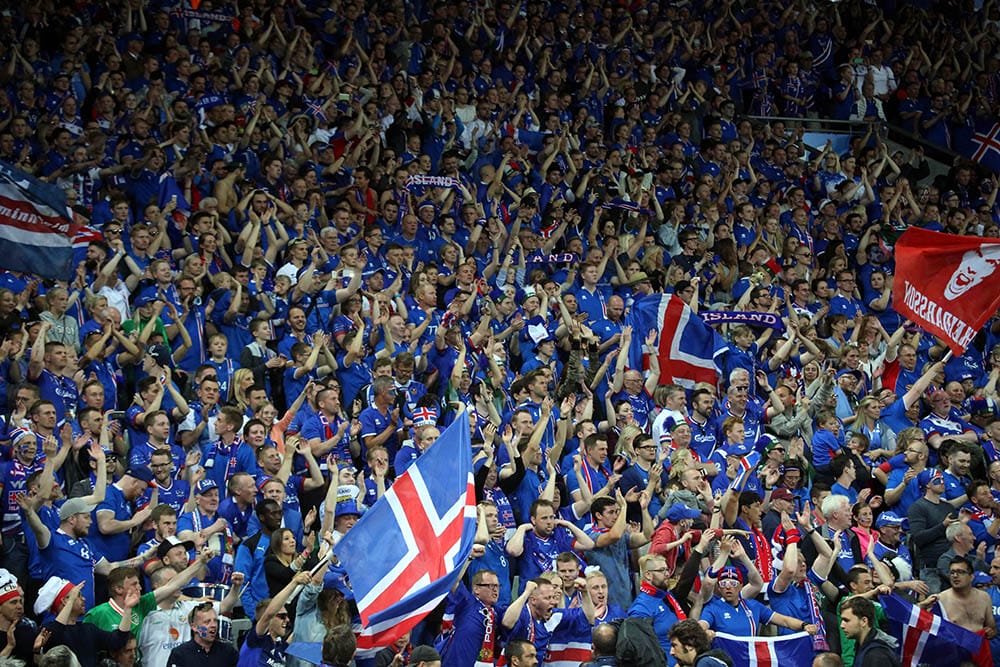 fans and supporters on the stands in football match of Euro 2016 in France between Portugal vs Iceland at the stade geoffroy guichard on June 14, 2016 in Saint Etienne