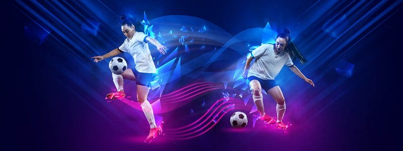 Women's football. Female soccer players in motion and action with ball isolated on dark blue background with polygonal neon elements. Concept of art, creativity, sport, energy and power