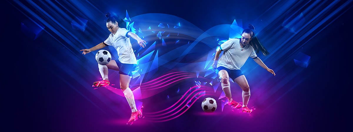 Women's football. Female soccer players in motion and action with ball isolated on dark blue background with polygonal neon elements. Concept of art, creativity, sport, energy and power